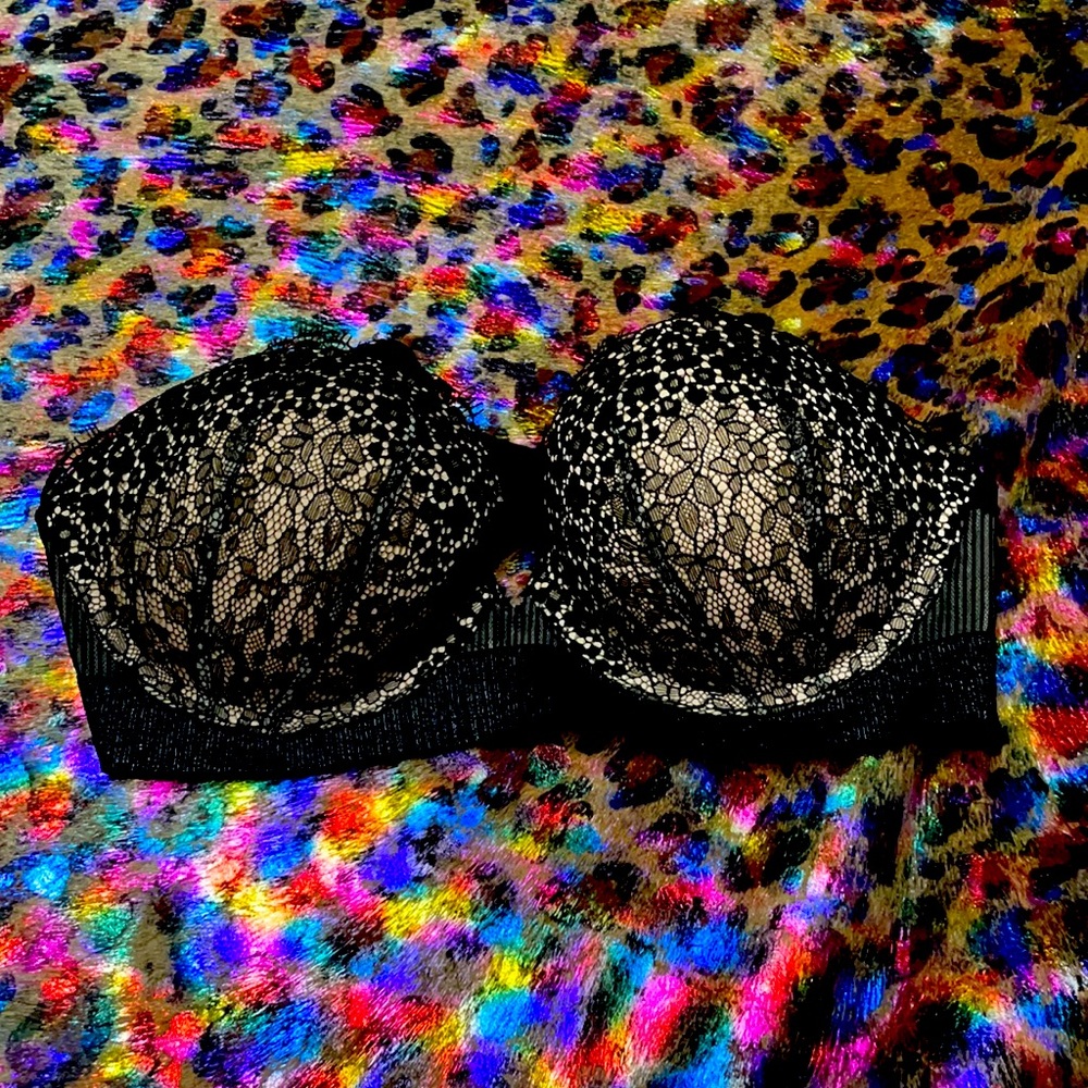Strapless, black lace Victoria’s Secret bra